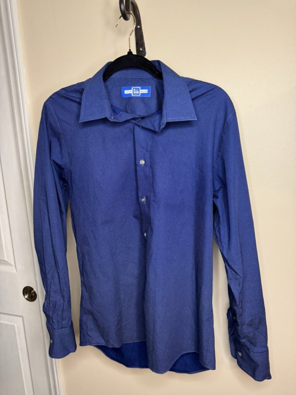 Bruce Julian Size M Slim Fit Custom Tailored Blue Dress Shirt White Dots